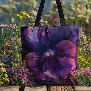 Violet Petals Birth Flower Tote Bag - Floral February Gift, Purple Flower Shoulder Bag, Botanical Tote, Nature Lover Reusable Shopping Bag