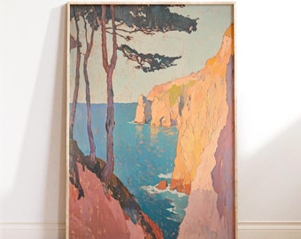 Vintage style Big Sur Ocean Wall Art, Painting Trees cliff beach print, Coastal Decor Art, Printable Wall Art,Downloadable PRINTABLE Digital