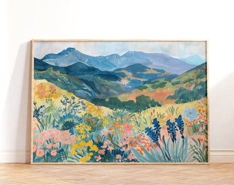 Mountains and Wildflowers Gouache Painting, Landscape Wall Art (Digital Download)
