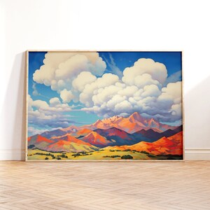 Sunny Sky View and Mountains Landscape Wall Art, Painting Clouds Art, Cabin Decor Art, Printable Wall Art, Downloadable PRINTABLE Digital