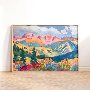 Colorful Rocky Mountain Wall Art, Painting Flowers Landscape Art, Cabin Decor Art, Printable Wall Art, Downloadable PRINTABLE Digital