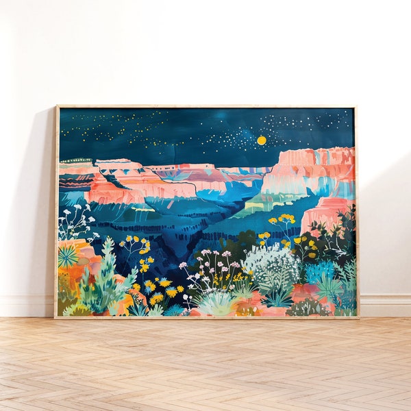 Lámina artística nocturna del Gran Cañón, paisaje desértico, decoración del suroeste (descarga digital)