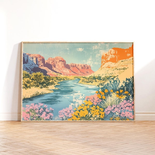 Arte de paisaje de río y cañón en risografía, impresión retro del desierto (descarga digital)