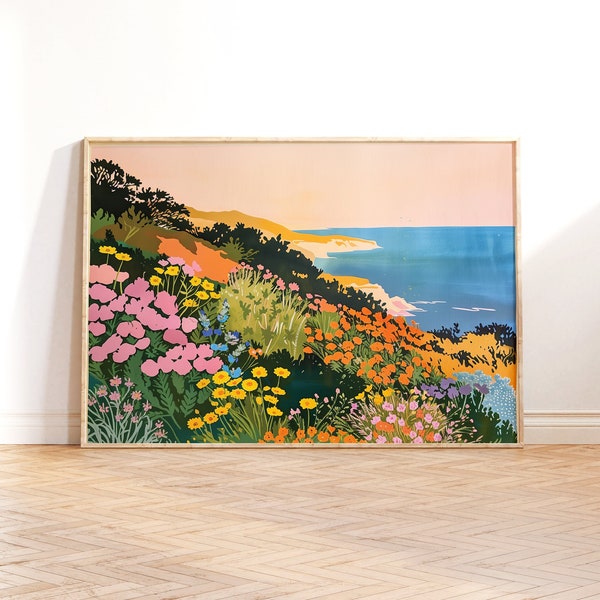 Impresión artística Risograph de flores silvestres costeras, inspirada en Matisse (Descarga digital)