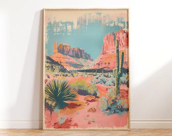 Vintage Desert Cactus Wall Art, Painting Pink Desert Art, Southwest Decor Art,  Printable Wall Art, Downloadable PRINTABLE Digital