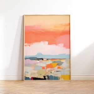 May include: Abstract painting in a wooden frame with a pink, orange, and yellow colour scheme. The painting depicts a landscape with a horizon line and a variety of shapes and textures.