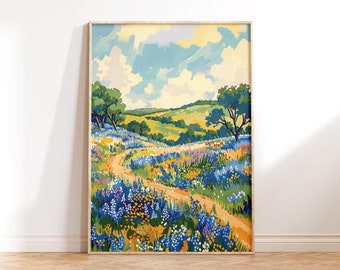 May include: A painting of a winding dirt road through a field of bluebonnets and other wildflowers. The road leads up a hill to a green meadow with trees in the background. The sky is blue with white clouds.