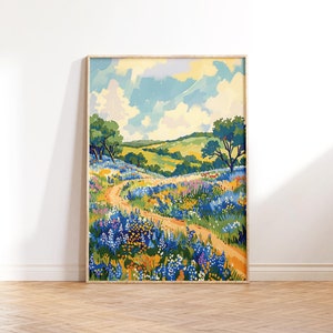 Pintura de un campo de flores silvestres de lupino azul, arte de sendero de montaña (descarga digital)