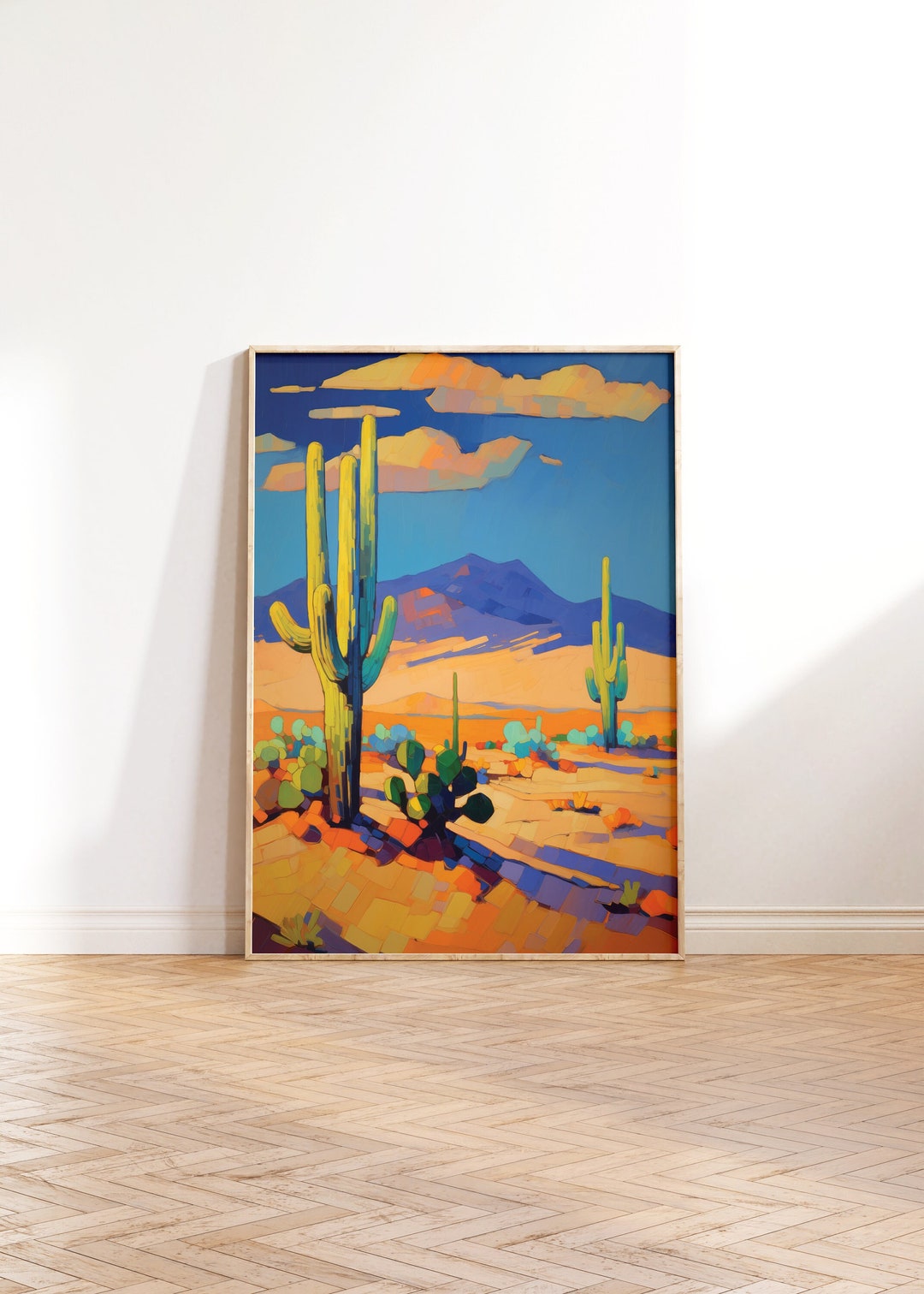 Modern Art Desert Cactus Wall Art, Painting Desert Mountain Art ...