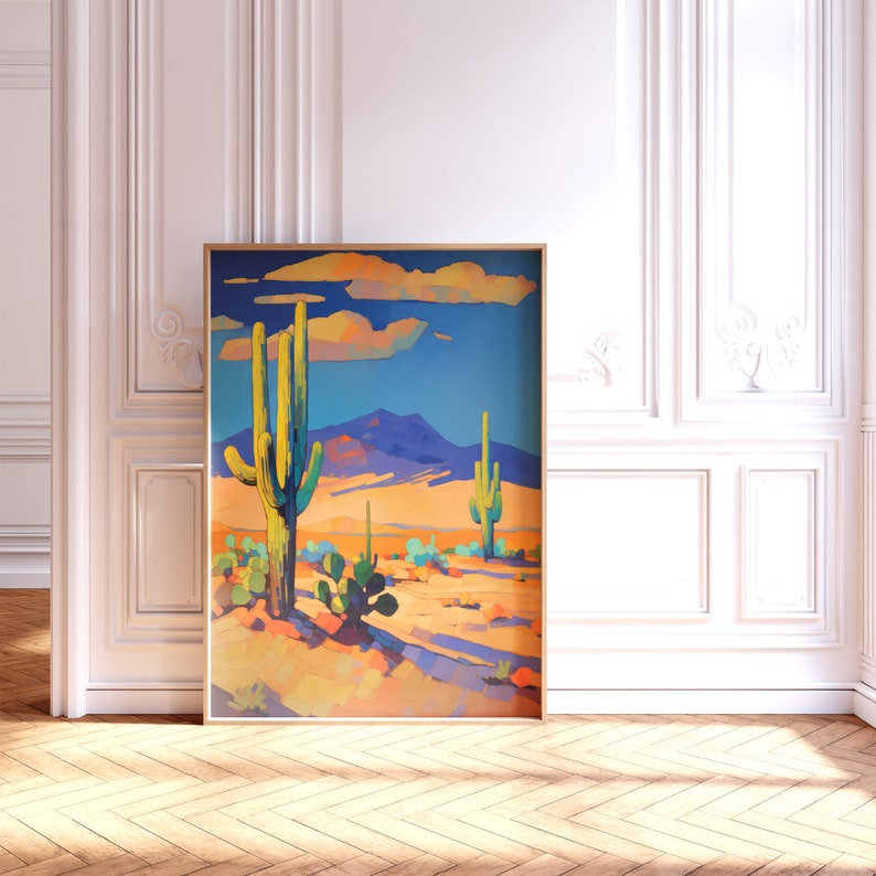 Modern Art Desert Cactus Wall Art, Painting Desert Mountain Art ...