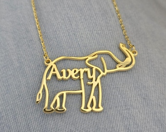 Custom Elephant Necklace, Gold Animal Jewelry, Cute Elephant Nameplate, Silver Handmade Gift