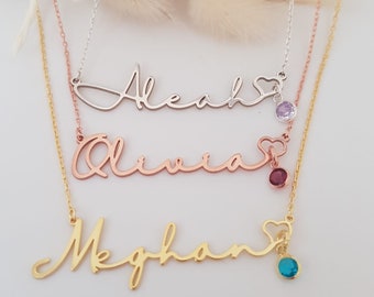 Collar con nombre en letra cursiva de plata esterlina y dije de piedra de nacimiento personalizado