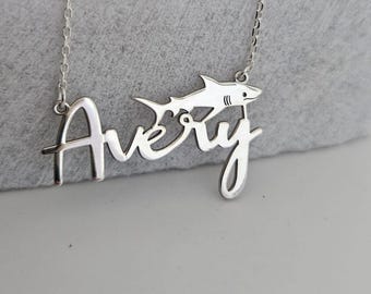Collar de plata de ley con nombre de tiburón personalizado, joyería del océano