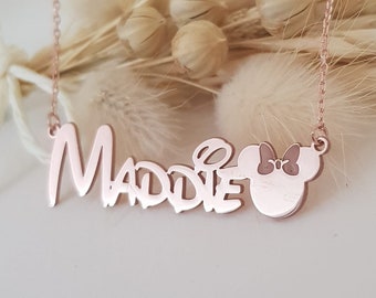 Custom Cartoon Necklace, Girl Name Necklace, Silver Comic Font Nameplate, Birthday Gift, Gold Kids Name Gift, Handmade Mickey Head Necklace