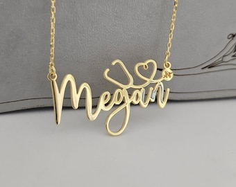 Collar pequeño con estetoscopio, placa de identificación de enfermera personalizada, joyería de plata hecha a mano, regalo para estudiantes de medicina