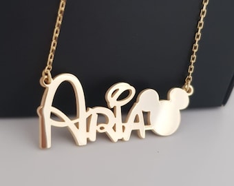 Gold Disney Font Necklace, Silver Name Necklace, Custom Jewelry, Mickey Head Necklace, Kids Gift, Birthday Gift, Handmade Jewelry