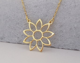 Sterling Silver Sunflower Necklace, Gold Sunflower Pendant, Floral Jewelry