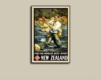 New Zealand Fly Fishing 1930s Vintage Style Travel Poster 24x36, Travel  Poster, South Island Poster, Vintage Wall Art, New Zealand Poster 