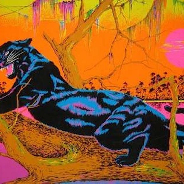 Jungle Cat blacklight poster,  Vintage Poster, Psychedelic Poster, Black Light Poster, Wall Hanging, Hippie Decor, cool glow Art