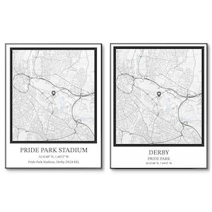 Derby County | Pride Park-stadionposter | Derby-voetbalposter | Derby Stadium | Minimalistische stadionkaart| A4-afdruk | Verjaardag | Muurkunst
