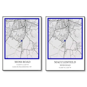 Voetbalposter Macclesfield Town | Moss Road-voetbalposter | Moss Road-stadionposter | Minimalistische stadionkaart | A4-afdruk | Verjaardagscadeau