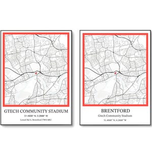 Brentford-voetbalposter | Brentford Community Stadium | Gtech-stadionposter | Kaart locatie afdrukken | Verjaardag | A4-muurkunst | Cadeaus voor hem