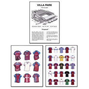 Aston Villa Football Poster | Aston Villa Football Shirt Poster | Villa Park Poster | Aston Villa Shirt | Birthday | Set of 3 | A4 Prints