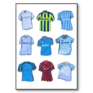 Manchester City FC Classic Retro Football Shirts Poster, Man City Homemade Jersey A4 Print | Birthday | Wall Art | Gifts for Him