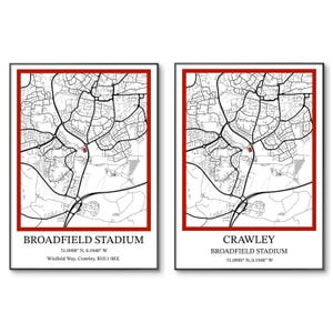 Voetbalposter Crawley Town | Broadfield-stadionposter | Stadion van Crawley | Minimalistische stadionprint | A4-afdruk | Verjaardag | Muurkunst