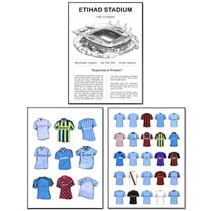 Manchester City Football Print Set: Classic Shirt & Etihad Stadium A4 Wall Art