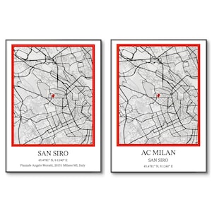 AC Milan-poster | Poster San Siro-stadion | Voetbalclub AC Milan | Locatie op de kaart | Minimalistische stadionprint | Verjaardag | Muurkunst | A4-cadeau