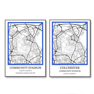 Affiche de Colchester United | Affiche de football de Colchester | Stade communautaire Imprimer | Emplacement minimaliste sur la carte | Impression A4 | Anniversaire | Art mural |