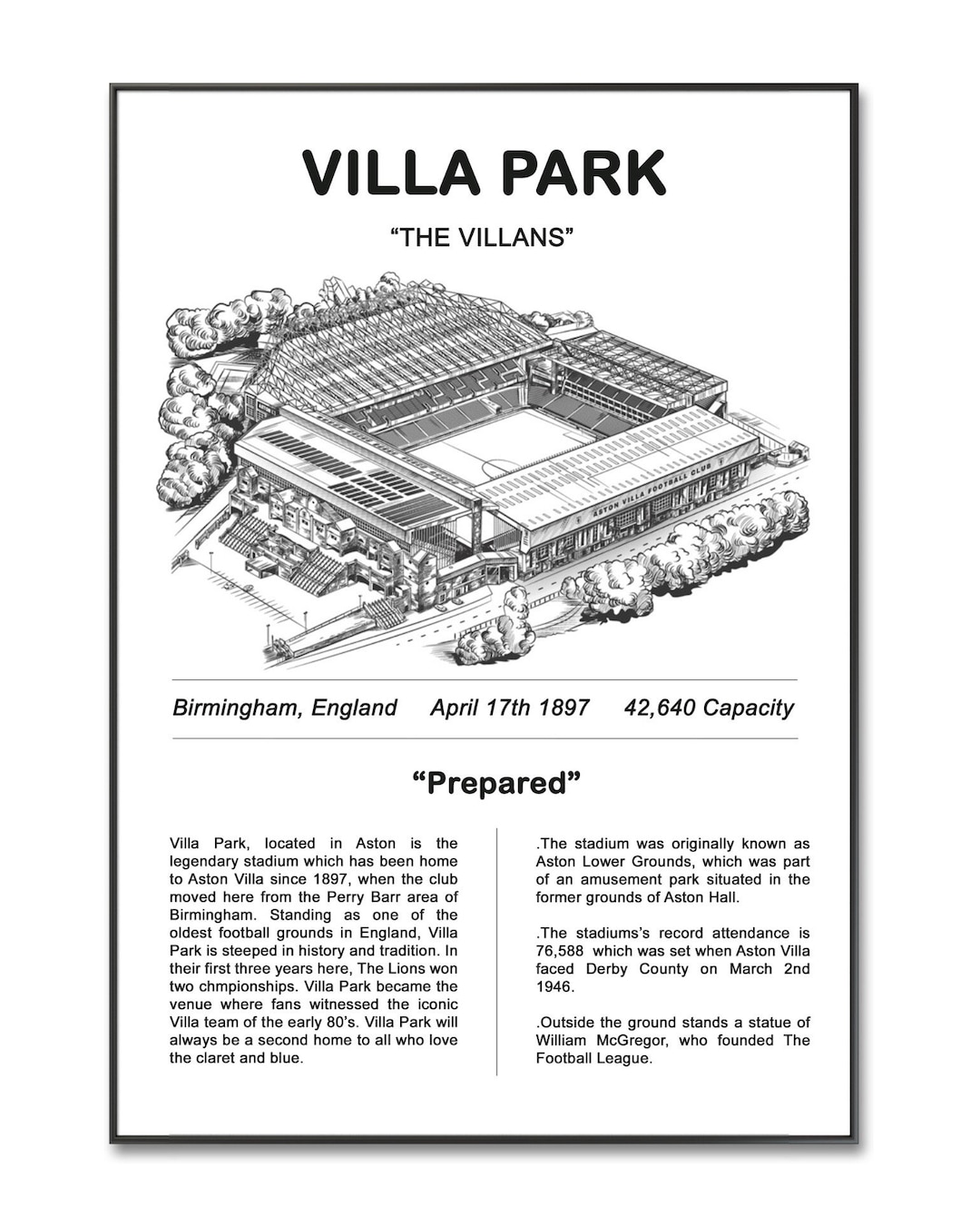 Aston Villa Football Poster, Villa Park Stadium Poster Handmade A4