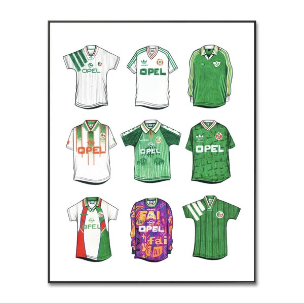 Ireland National Classic Retro Football Shirts Poster, Homemade Jersey A4 Print | Birthday | Wall Art | Gifts for Him