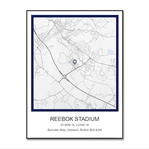 Bolton Wanderers | Voetbalstadion | Voetbalposter | Reebok Stadium | Bolton-poster | Locatie op de kaart | A4-afdruk | Verjaardag | Muurkunst |