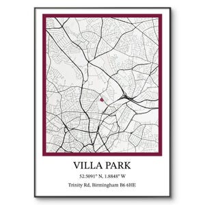 Aston Villa Poster | Aston Villa Football | Villa Park Stadium | Map Location | A4 Print | Soccer | Birthday | Wall Art | Christmas Gift