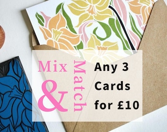 Mix & Match Cards! Any 3 linocut greeting cards for GBP 10 / Greeting card bundle - Seasonal flowers, birth flowers, birthday flower cards