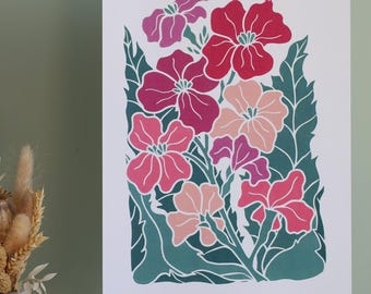 Twilight Haze Garden Wallflowers, Erysimum Linocut | Art Print on Cotton Paper
