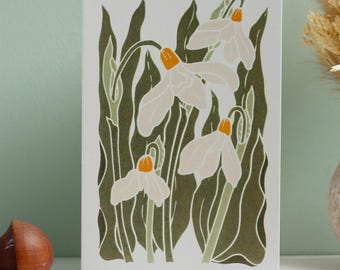 Snowdrops in the Garden Linocut Flower Card (Blank Inside) | Single Card & Envelope