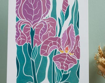 Iris in the Moonlight (Mauve Linocut Flower Art) | A5 or A4 Art Print on Cotton Paper