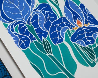 Iris in the Garden (Blue Linocut Flower Art) | A5 or A4 Art Print on Cotton Paper