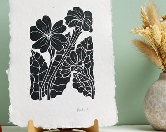 Primroses in Spring | Hand printed Linocut on A5 Cotton Rag Paper