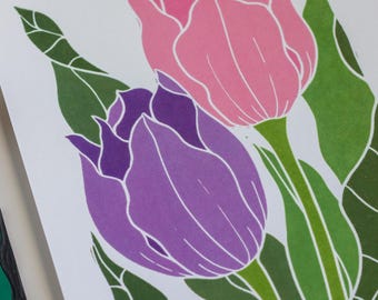 Tulips in the Border (Spring Linocut Flower Art) | A5 or A4 Art Print on Cotton Paper