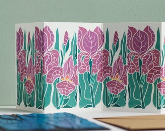 Iris in the Moonlight Garland Card (Linocut Dusky Purple Flowers) | Single Card & Envelope
