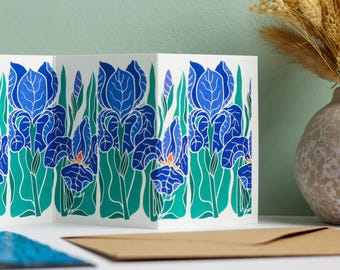Iris in the Garden Garland Card (Linocut Blue Cottage Flowers) | Single Card & Envelope