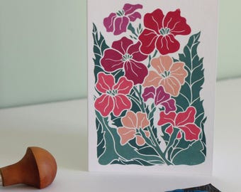 Twilight Haze Wallflowers Luxury Cotton Card (Erysimum Linocut Design) | Single Card & Envelope
