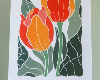 Sunset Tulips (Spring Linocut Flower Art) | A5 or A4 Art Print on Cotton Paper