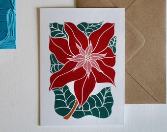 Carte de Noël poinsettia traditionnelle - Une seule carte avec enveloppe / Carte de Noël traditionnelle avec fleurs de vacances / Carte de saison florale linogravure