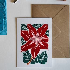 Traditional Poinsettia Christmas Card - Single card with envelope