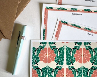 Abstract Leaning Floral Linocut Correspondence Cards - Set of 8 | Linocut Pattern note cards, thank you, blank / Writing Set with envelopes